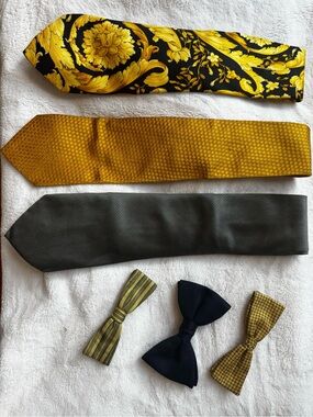 Vintage Bundle of Bows and Ties: Versace tie, Gucci tie, Giorgio Armani tie